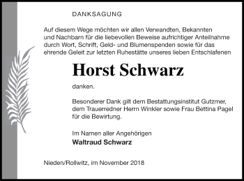 Traueranzeige von Horst Schwarz von Pasewalker Zeitung