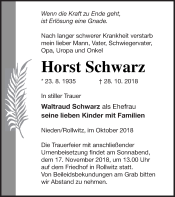 Traueranzeige von Horst Schwarz von Pasewalker Zeitung