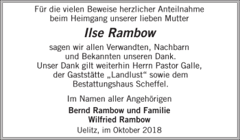 Traueranzeige von Ilse Rambow von Zeitung für die Landeshauptstadt