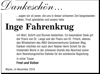 Traueranzeige von Inge Fahrenkrug von Müritz-Zeitung