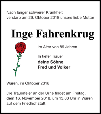 Traueranzeige von Inge Fahrenkrug von Müritz-Zeitung