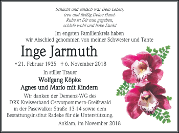 Traueranzeige von Inge Jarmuth von Vorpommern Kurier