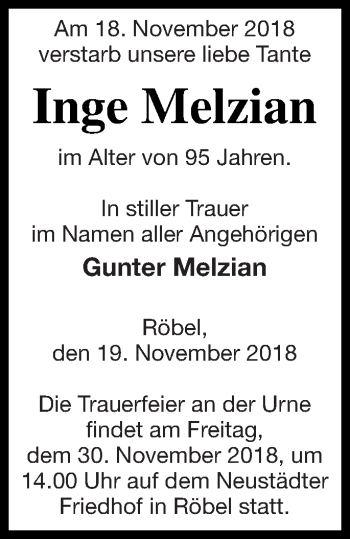 Traueranzeige von Inge Melzian von Müritz-Zeitung