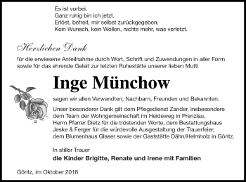 Traueranzeige von Inge Münchow von Prenzlauer Zeitung