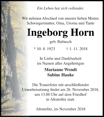 Traueranzeige von Ingeborg Horn von Strelitzer Zeitung