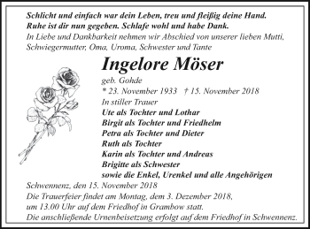 Traueranzeige von Ingelore Möser von Pasewalker Zeitung