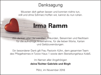 Traueranzeige von Irma Ramm von Vorpommern Kurier