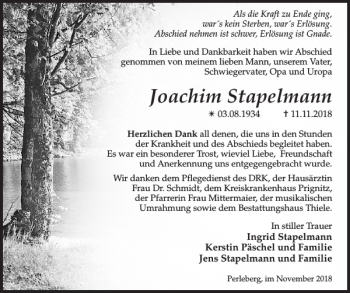 Traueranzeige von Joachim Stapelmann von Der Prignitzer