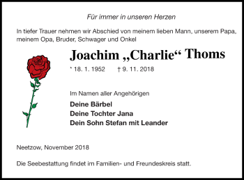 Traueranzeige von Joachim Thoms von Vorpommern Kurier