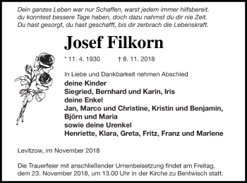 Traueranzeige von Josef Filkorn von Mecklenburger Schweiz