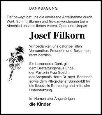 Traueranzeige von Josef Filkorn von Mecklenburger Schweiz