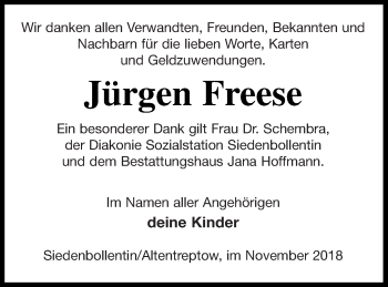 Traueranzeige von Jürgen Freese von Neubrandenburger Zeitung