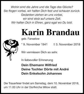 Traueranzeige von Karin Brandau von Pasewalker Zeitung