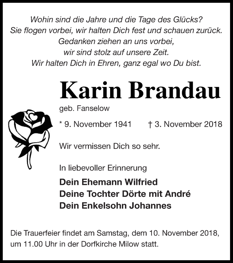  Traueranzeige für Karin Brandau vom 06.11.2018 aus Pasewalker Zeitung