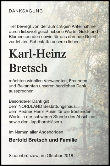 Traueranzeige von Karl-Heinz Bretsch von Demminer Zeitung