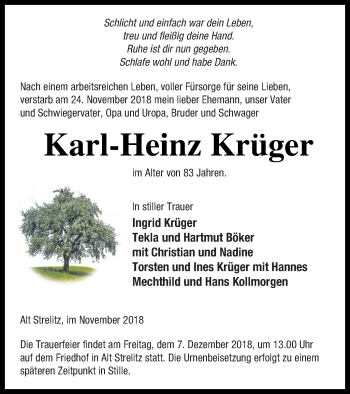 Traueranzeige von Karl-Heinz Krüger von Strelitzer Zeitung