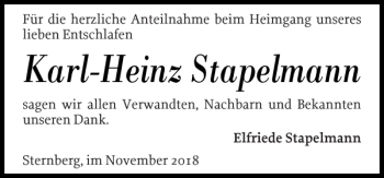 Traueranzeige von Karl-Heinz Stapelmann von Anzeiger für Sternberg - Brüel - Warin