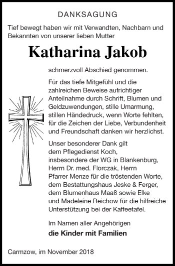 Traueranzeige von Katharina Jakob von Prenzlauer Zeitung