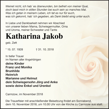 Traueranzeige von Katharina Jakob von Prenzlauer Zeitung