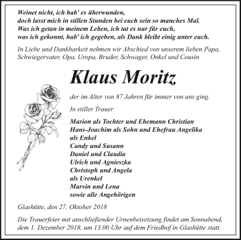 Traueranzeige von Klaus Moritz von Pasewalker Zeitung