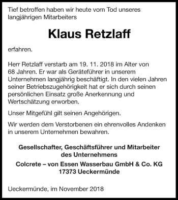 Traueranzeige von Klaus Retzlaff von Haff-Zeitung