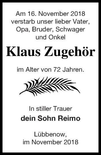 Traueranzeige von Klaus Zugehör von Prenzlauer Zeitung