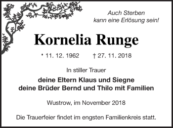 Traueranzeige von Kornelia Runge von Strelitzer Zeitung