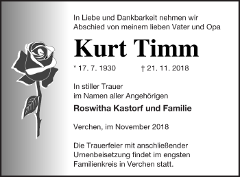 Traueranzeige von Kurt Timm von Demminer Zeitung