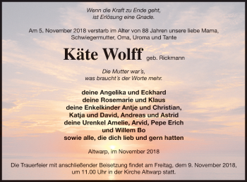 Traueranzeige von Käte Wolff von Haff-Zeitung