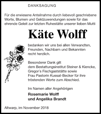 Traueranzeige von Käte Wolff von Haff-Zeitung