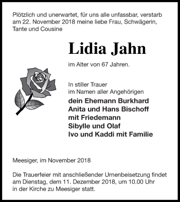 Traueranzeige von Lidia Jahn von Demminer Zeitung