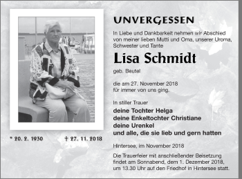 Traueranzeige von Lisa Schmidt von Haff-Zeitung