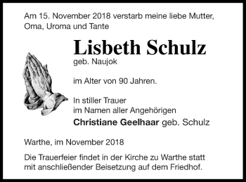 Traueranzeige von Lisbeth Schulz von Templiner Zeitung