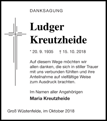 Traueranzeige von Ludger Kreutzheide von Mecklenburger Schweiz