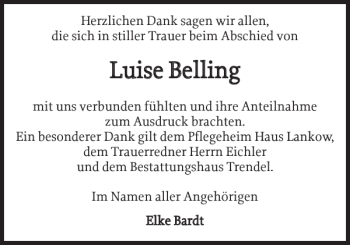 Traueranzeige von Luise Belling von Zeitung für die Landeshauptstadt