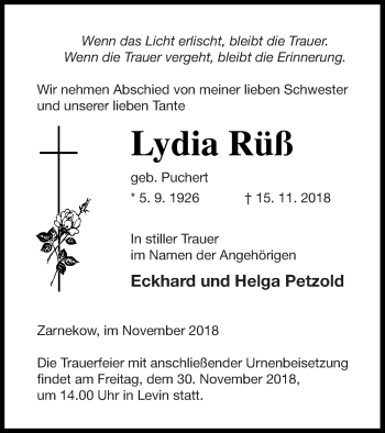 Traueranzeige von Lydia Rüß von Mecklenburger Schweiz