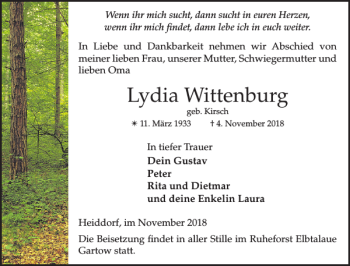 Traueranzeige von Lydia Wittenburg von Ludwigsluster Tageblatt