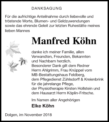 Traueranzeige von Manfred Köhn von Strelitzer Zeitung