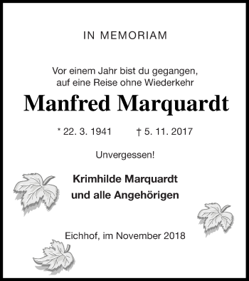 Traueranzeige von Manfred Marquardt von Haff-Zeitung