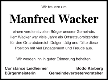 Traueranzeige von Manfred Wacker von Strelitzer Zeitung