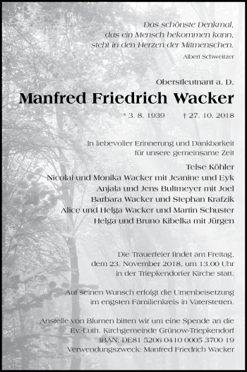 Traueranzeige von Manfred Friedrich Wacker von Strelitzer Zeitung