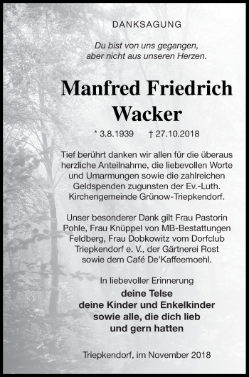 Traueranzeige von Manfred Friedrich Wacker von Strelitzer Zeitung