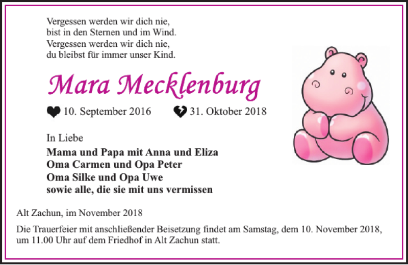  Traueranzeige für Mara Mecklenburg vom 07.11.2018 aus Hagenower Kreisblatt