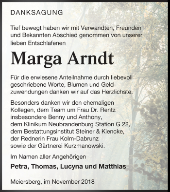 Traueranzeige von Marga Arndt von Haff-Zeitung