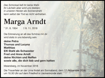 Traueranzeige von Marga Arndt von Haff-Zeitung