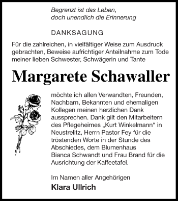 Traueranzeige von Margarete Schawaller von Strelitzer Zeitung