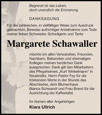 Traueranzeige von Margarete Schawaller von Strelitzer Zeitung