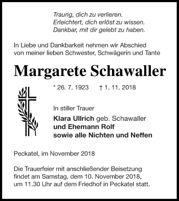 Traueranzeige von Margarete Schawaller von Strelitzer Zeitung