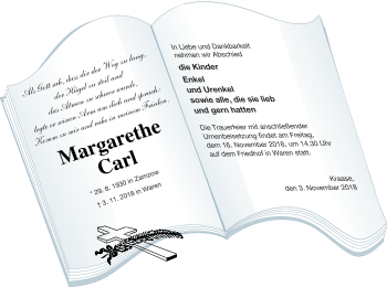 Traueranzeige von Margarethe Carl von Müritz-Zeitung