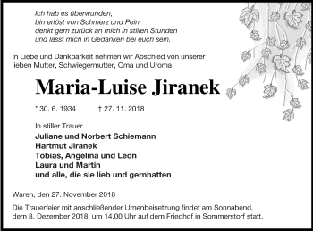 Traueranzeige von Maria-Luise Jiranek von Müritz-Zeitung